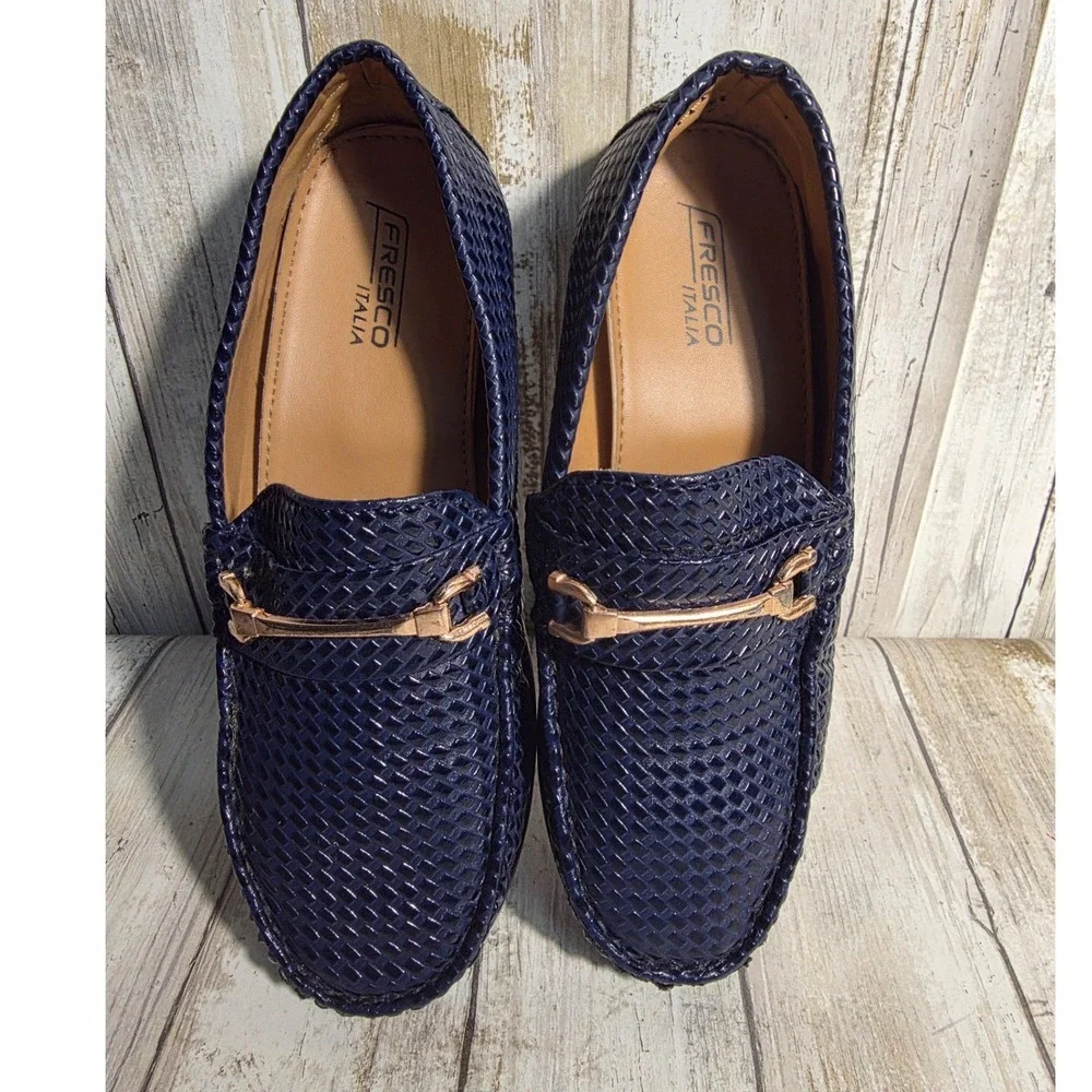 Fresco Italia Kids Navy Blue Woven Horsebit Loafer KDLOF-10B Size 13 Dress Shoes